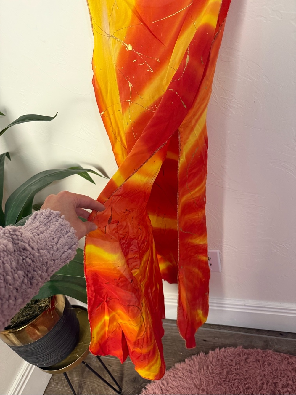 Handmade Red Orange Yellow Tie Dye Dance Costume Overlay Tunic Gold Splatter - Picture 3 of 4